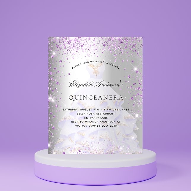 Budget Quinceanera silver purple dress invitation (Creator Uploaded)