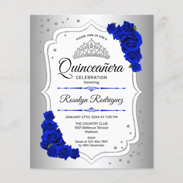 Budget Quinceanera Silver White Royal Blue Invite Flyer (Front)