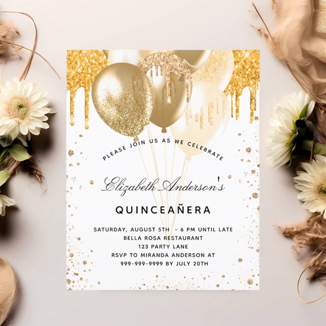 Budget Quinceanera white gold balloons invitation (Creator Uploaded)