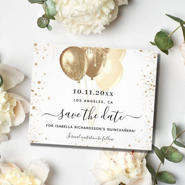 Budget Quinceanera white gold save the date (Creator Uploaded)