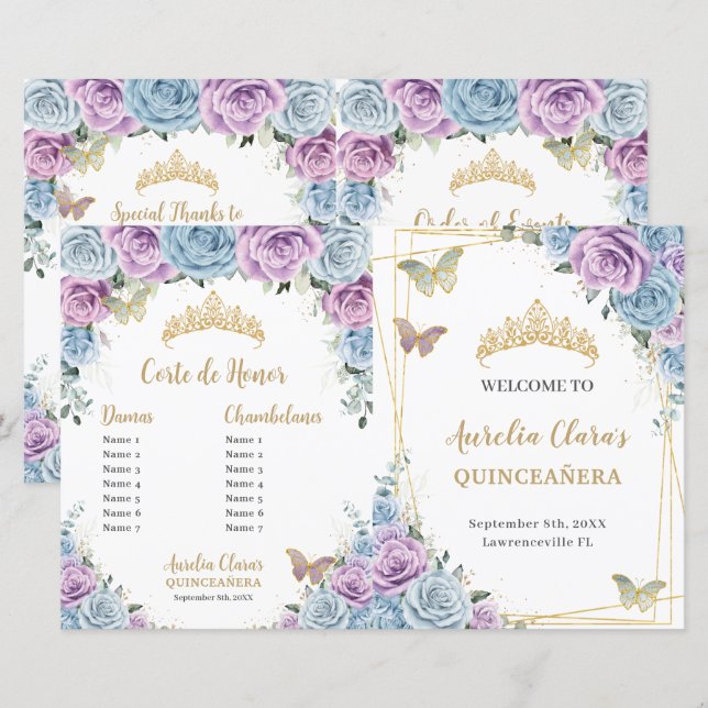 Budget Quinceañera XV Blue Lilac Padrinos Program (Front/Back)