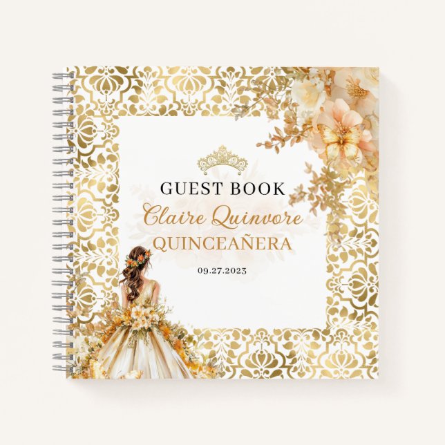 Budget Radiant Gold Floral Quinceanera Guest Book (Front)