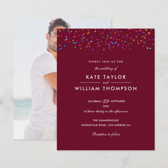 Budget Rainbow Confetti Burgundy Wedding Invite (Front/Back)