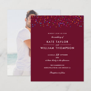 Budget Rainbow Confetti Burgundy Wedding Invite