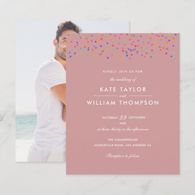 Budget Rainbow Confetti Dusty Rose Wedding Invite (Front/Back)