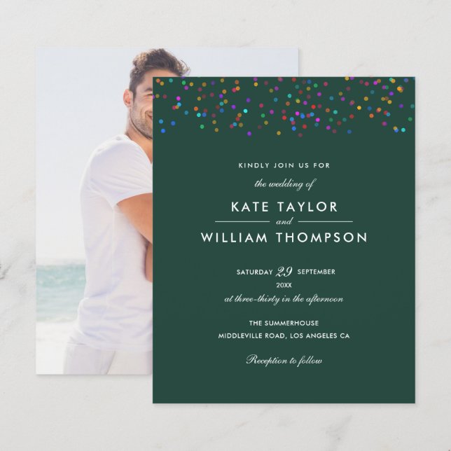 Budget Rainbow Confetti Emerald Wedding Invite (Front/Back)