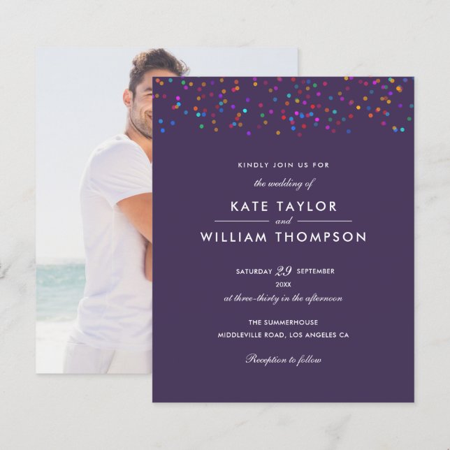 Budget Rainbow Confetti Purple Wedding Invitation (Front/Back)