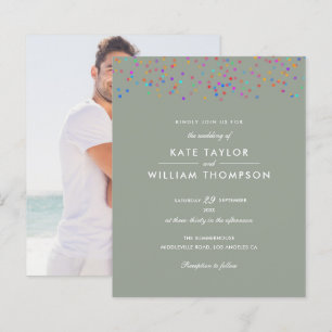 Budget Rainbow Confetti Sage Green Wedding Invite