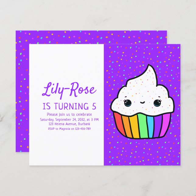 Budget Rainbow Cupcake Birthday Party Invitation (Front/Back)
