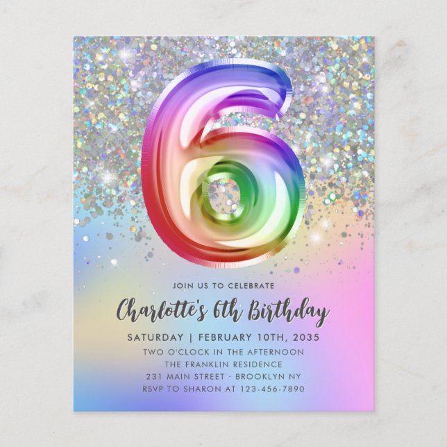 Budget Rainbow Glitter Foil Balloon 6th Birthday (Front)