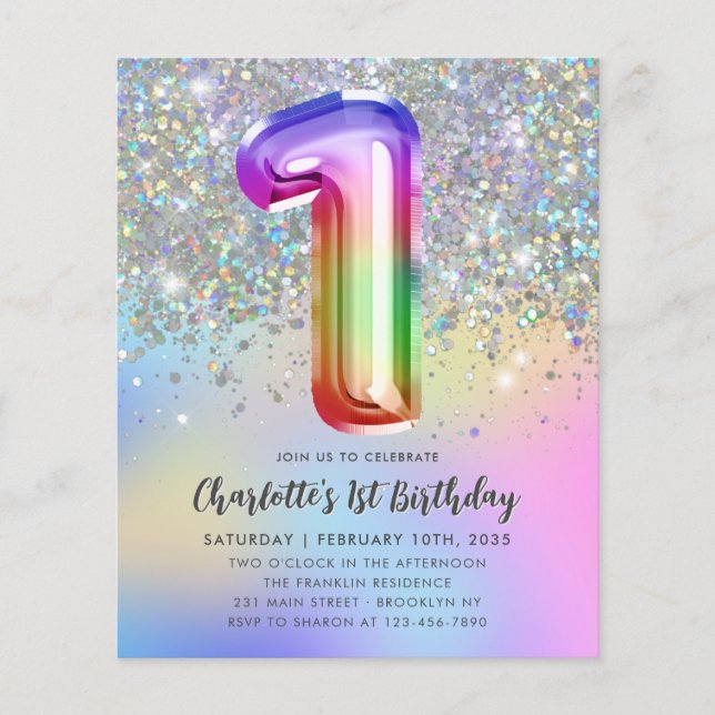 Budget Rainbow Glitter Foil Girl 1st Birthday (Front)