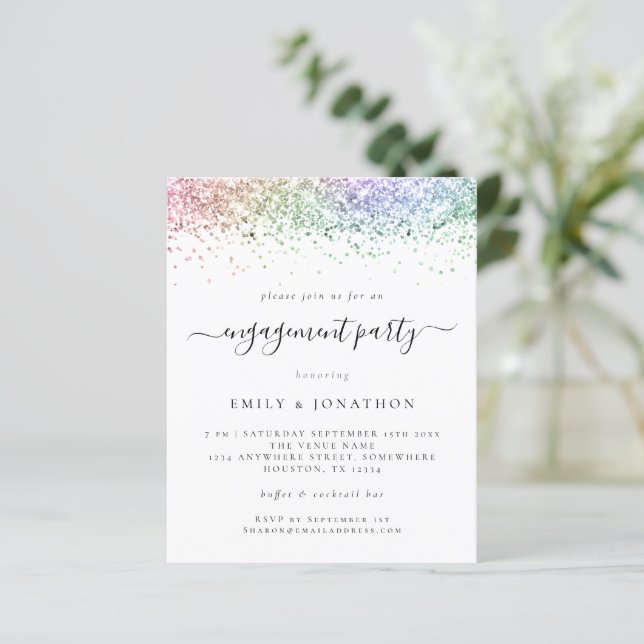 Budget Rainbow Glitter Script Engagement Invite (Standing Front)