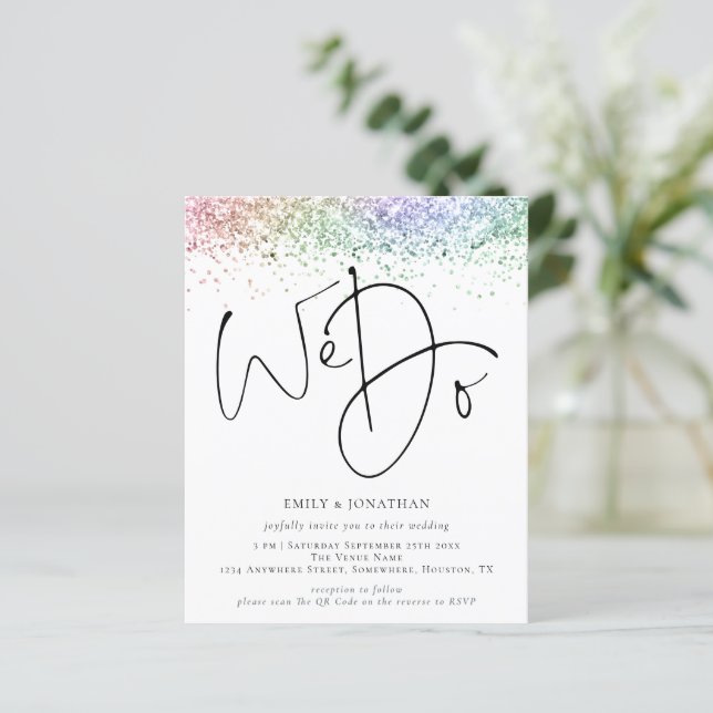Budget Rainbow Glitter We Do QR Wedding Invite (Standing Front)