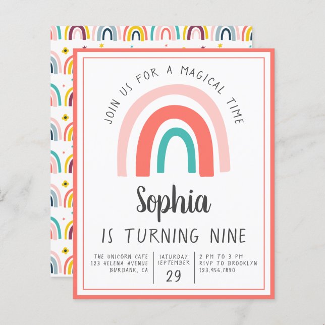 Budget Rainbow Magical Birthday Party Invitation (Front/Back)