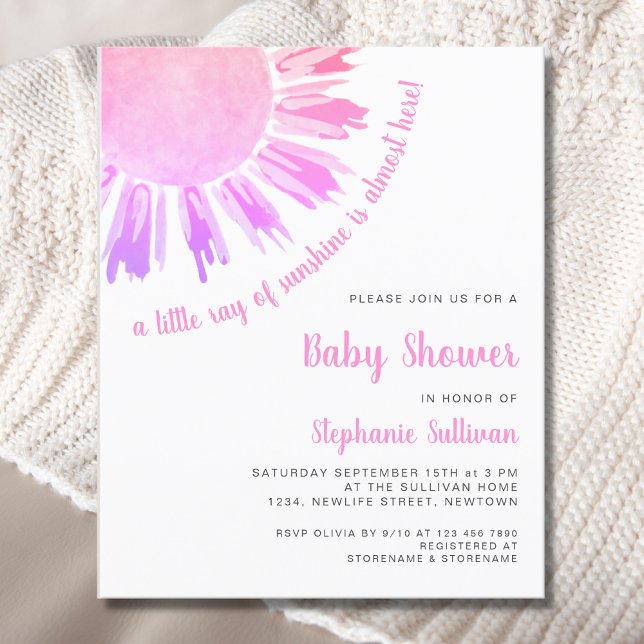 Budget Ray of Sunshine Pink Baby Shower Invitation (Creator Uploaded)