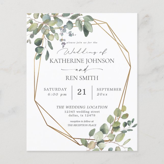 Budget REC Rustic Eucalyptus & Gold Frame Wedding Flyer (Front)