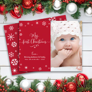 Budget Red 1st Christmas Baby Photo Snowflake Card