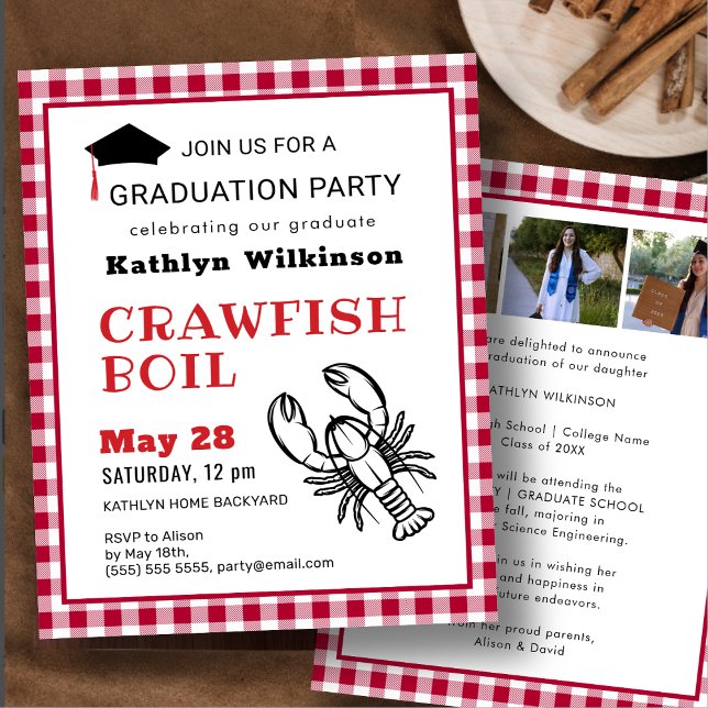 BUDGET Red 3 Photo Crawfish GRAD Party Invitation (Creator Uploaded)