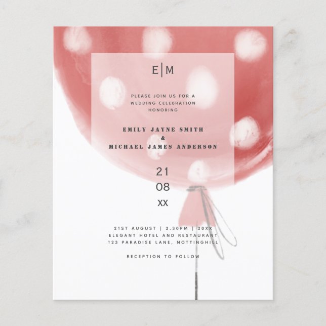 Budget Red Balloon Modern Simple Wedding Invite (Front)