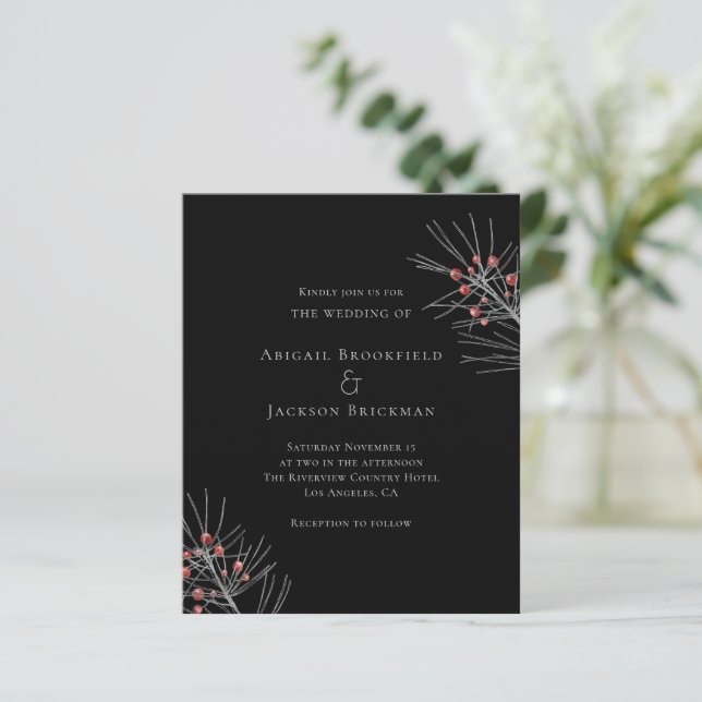 Budget Red  Berries on Black  Wedding Invitation (Standing Front)