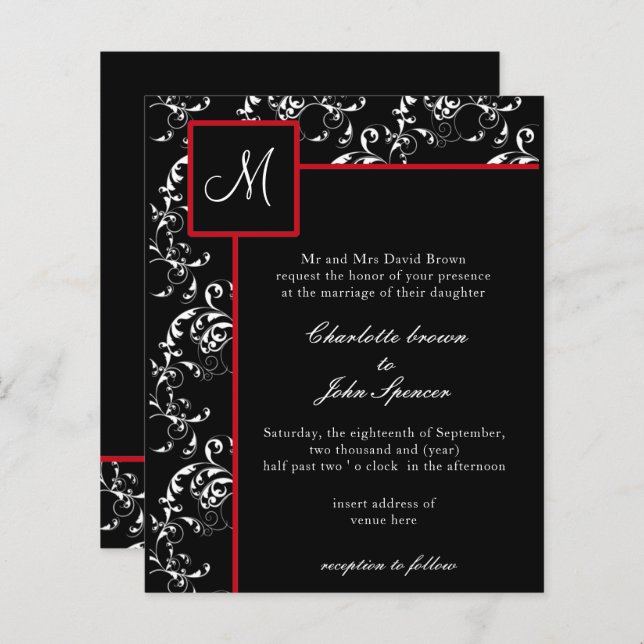 Budget Red Black Damask Wedding Invitations (Front/Back)