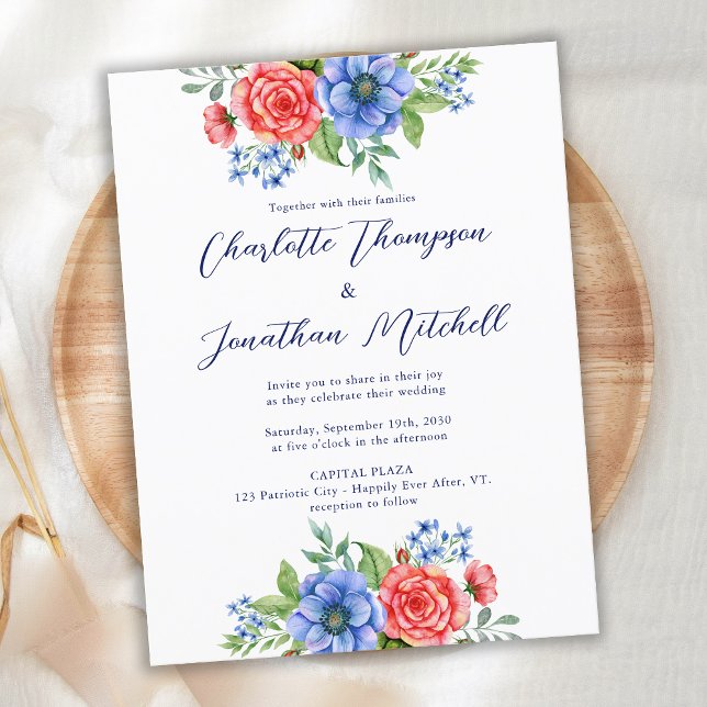 Budget Red Blue Floral Patriotic Wedding Invite (Creator Uploaded)