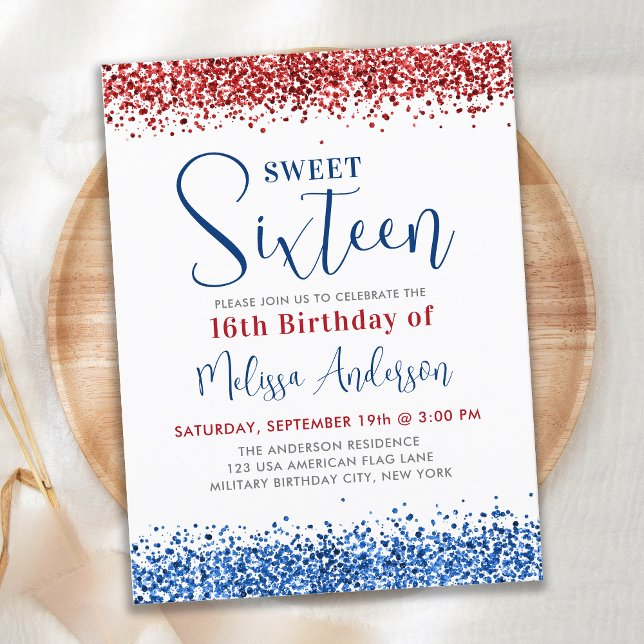Budget Red Blue Glitter Sweet 16 Birthday Invite (Creator Uploaded)