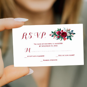 Budget red burgundy winter floral wedding RSVP Enc Card