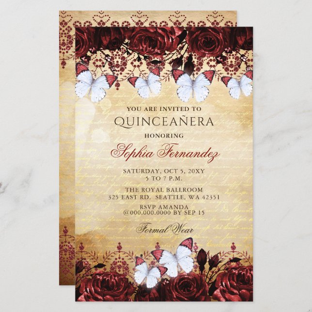 Budget Red Butterfly Quinceañera Invitation (Front/Back)