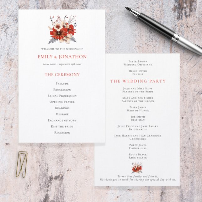 Budget Red Cream Florals Foliage Wedding Program (Creator Uploaded)