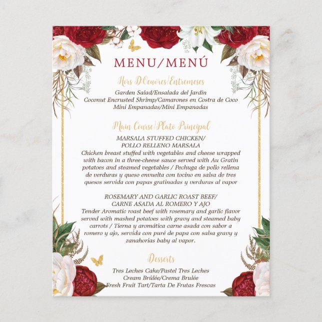 Budget Red Floral Bilingual Quinceañera Menu (Front)