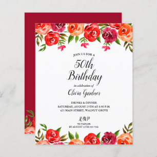 Budget Red Floral Birthday Invitations