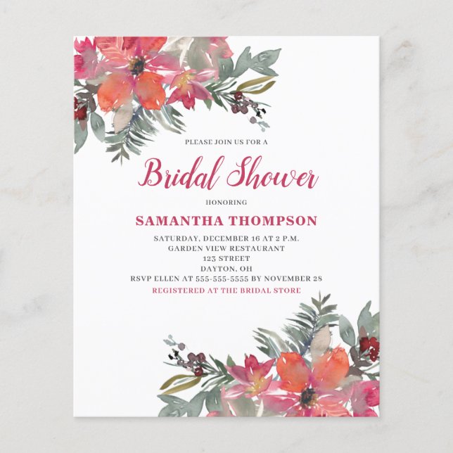 Budget Red Floral Bridal Shower Invitation (Front)