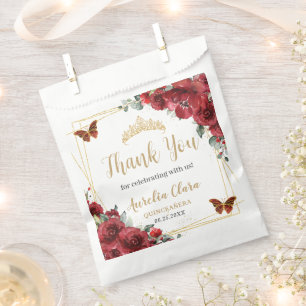 Budget Red Floral Gold Butterfiles Quinceanera XV Favour Bags