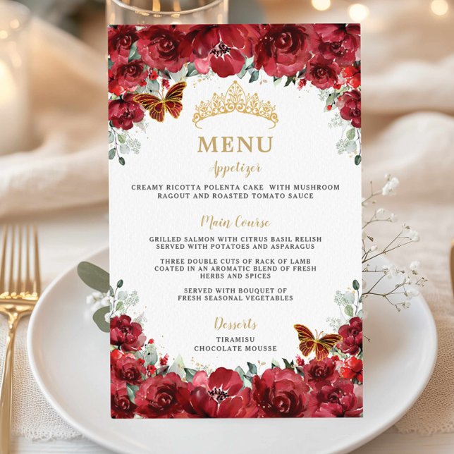 Budget Red Floral Gold Quinceañera Sweet 16 Menu (budget cheap printed menu paper sheet red flowers floral butterflies Quinceañera xv 15 sweet 16 )