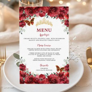 Budget Red Floral Gold Sweet 16 Quinceañera Menu