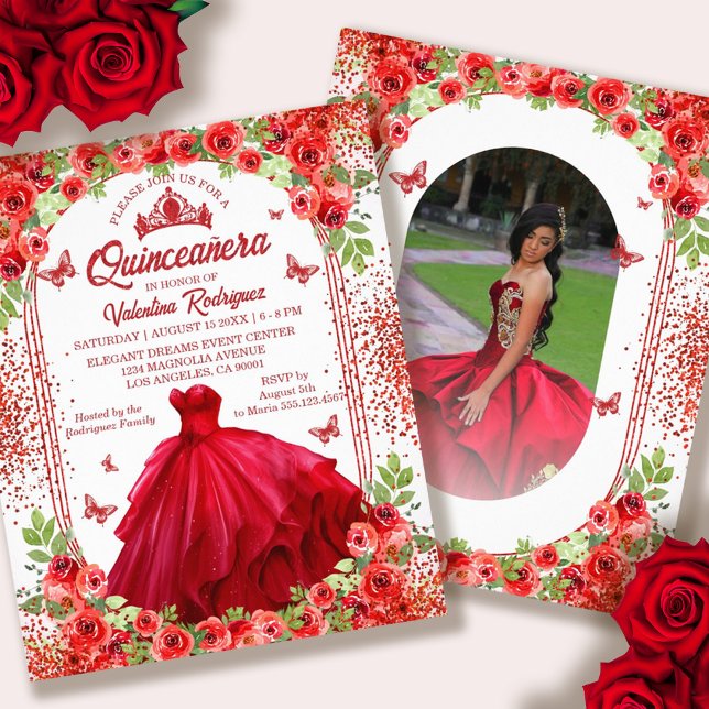 Budget Red Floral Quinceanera Invitation Flyer (Budget Red Floral Quinceanera Invitation Flyer)