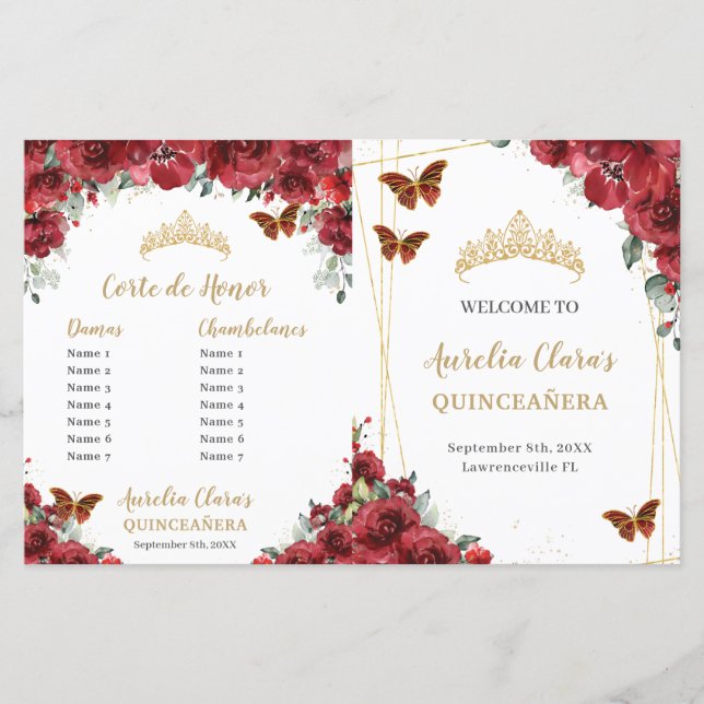Budget Red Floral Quinceanera Order Events Program (Front)