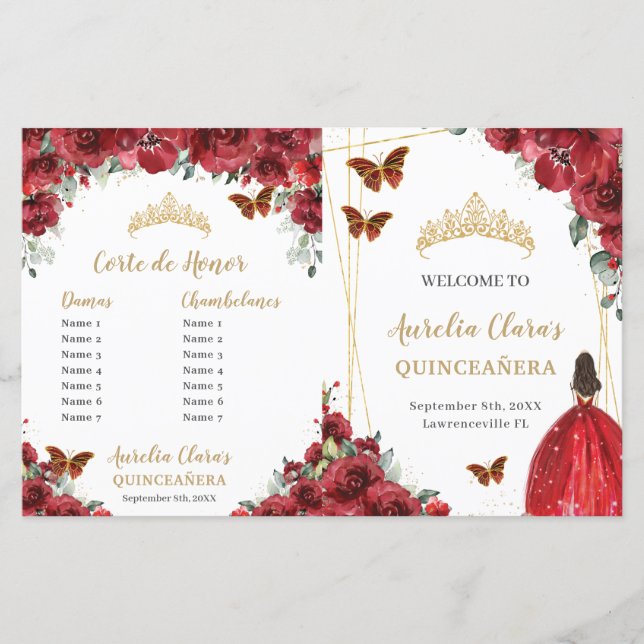 Budget Red Floral Quinceanera Order Events Program (Front)