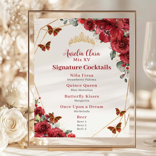 Budget Red Floral Quinceanera XV Birthday Bar Menu (red-floral-flowers-gold-butterflies-quinceanera-Quinceañera-15-xv-sweet-16-birthday-wedding-menu)