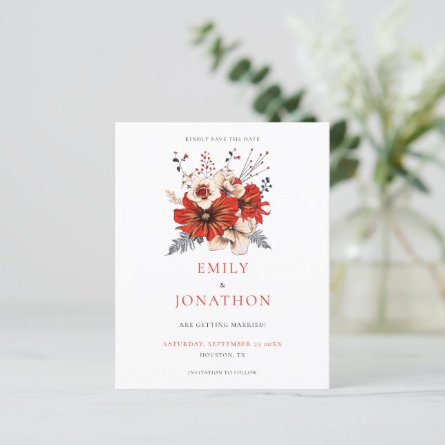 Budget Red Florals Wedding Save The Date (Standing Front)