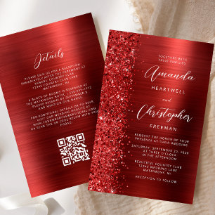 Budget Red Glam QR Code Wedding Invitation