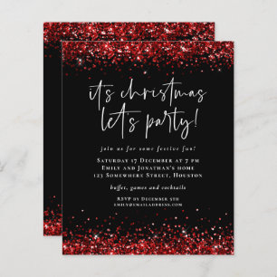 Budget Red Glitter Christmas Fun Party Invite