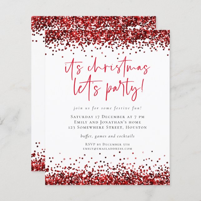 Budget Red Glitter Christmas Lets Party Invite (Front/Back)