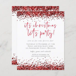 Budget Red Glitter Christmas Lets Party Invite