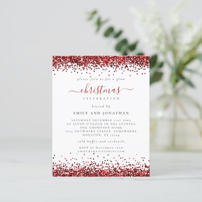 Budget Red Glitter Christmas Party White Invite (Standing Front)