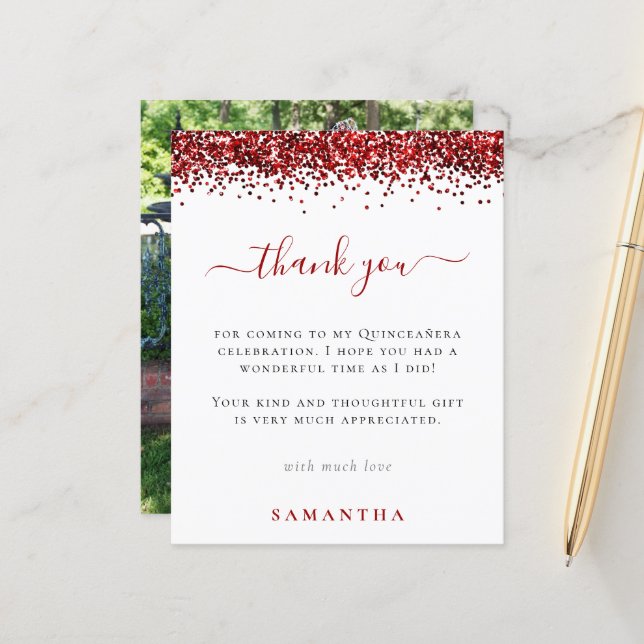 Budget Red Glitter Photo Quinceanera Thank You (Front/Back In Situ)