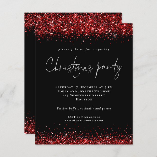 Budget Red Glitter Script Christmas Party Black (Front/Back)
