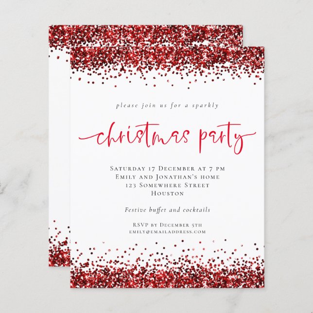 Budget Red Glitter Script Christmas Party Invite (Front/Back)
