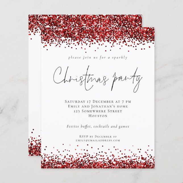 Budget Red Glitter Script Christmas Party White (Front/Back)